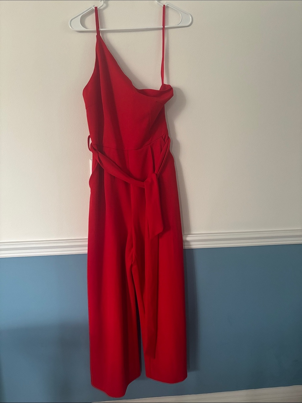 NWT Elegant Red One-Shoulder Wide-Leg Jumpsuit with Self-Tie Waist